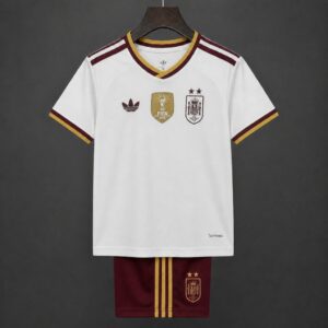 Camiseta blanca de visitante de España para niños, 2 estrellas, 2026, con parche Champion.