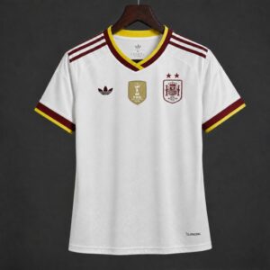 Camiseta blanca de visitante de la selección femenina de España 2026, 2 estrellas, con parche Champion.