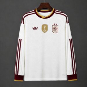 Camiseta blanca de manga larga de visitante de España 2026, 2 estrellas, con parche Champion.
