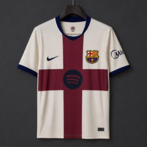 Camiseta de visitante del Barcelona 26/27 blanca con cruz burdeos