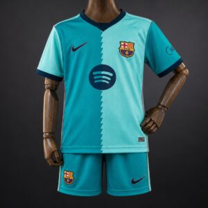 Equipación de la tercera equipación del Barcelona para niños, color verde azulado, temporada 26/27.